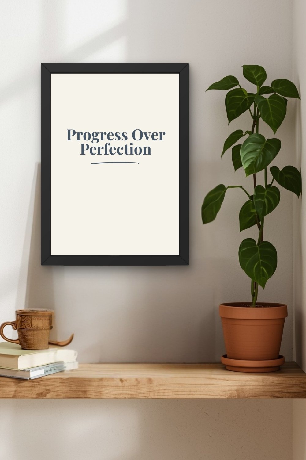A navy typographic wall art print in a black frame mounted on a white wall above a raw wood shelf with a terracotta pot holding a leafy green plant, a stack of books, and a ceramic mug in a calm reading or workspace corner.