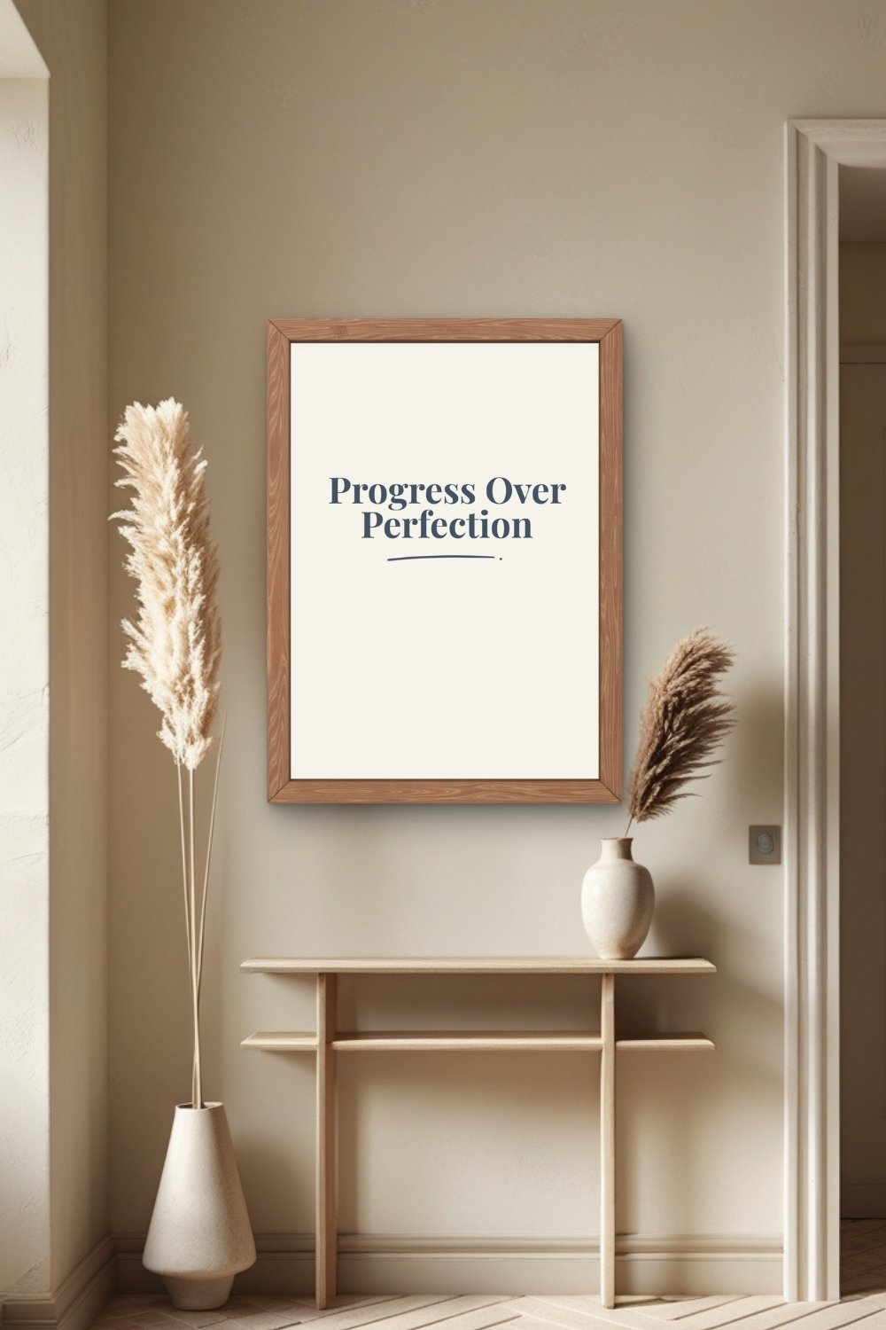 A navy typographic wall art print in a wooden frame centered on a soft neutral hallway wall above a thin wooden console table with a tall white vase of pampas grass on one side and a smaller round vase with pampas on the other.