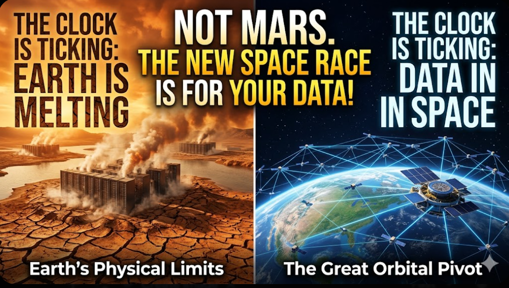 Split-screen graphic contrasting a burning Earth with space-based satellite networks. Text reads: Not Mars. The new space race is for your data! Illustrating the Sovereign AI Knowledge Hubs space tech, AI infrastructure, and data sovereignty protocols.
