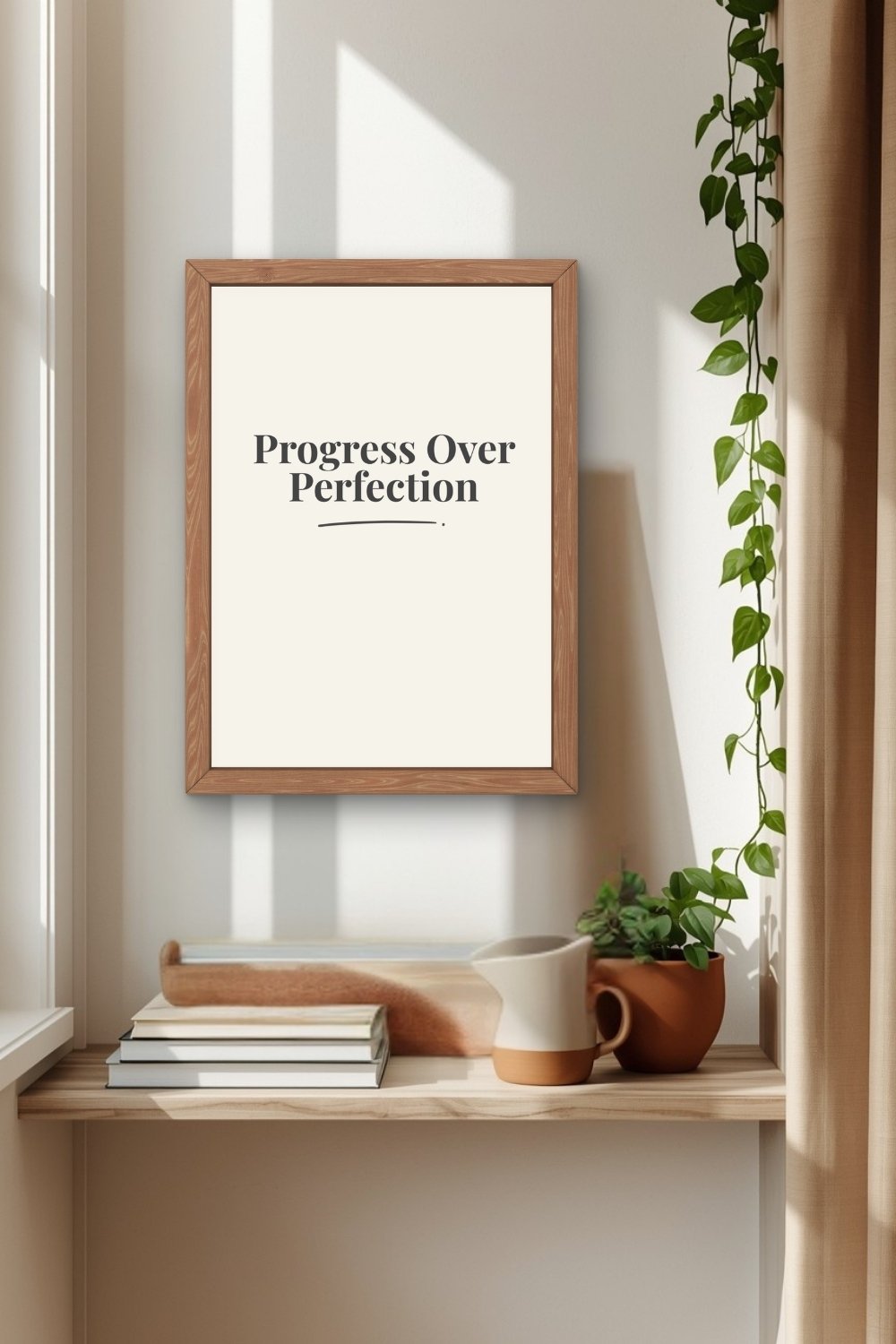 A charcoal typographic wall art print in a wooden frame hung on a white wall above a wooden window shelf with stacked books, a ceramic mug, a small terracotta pot, and a trailing pothos plant beside a linen curtain in strong natural window light.