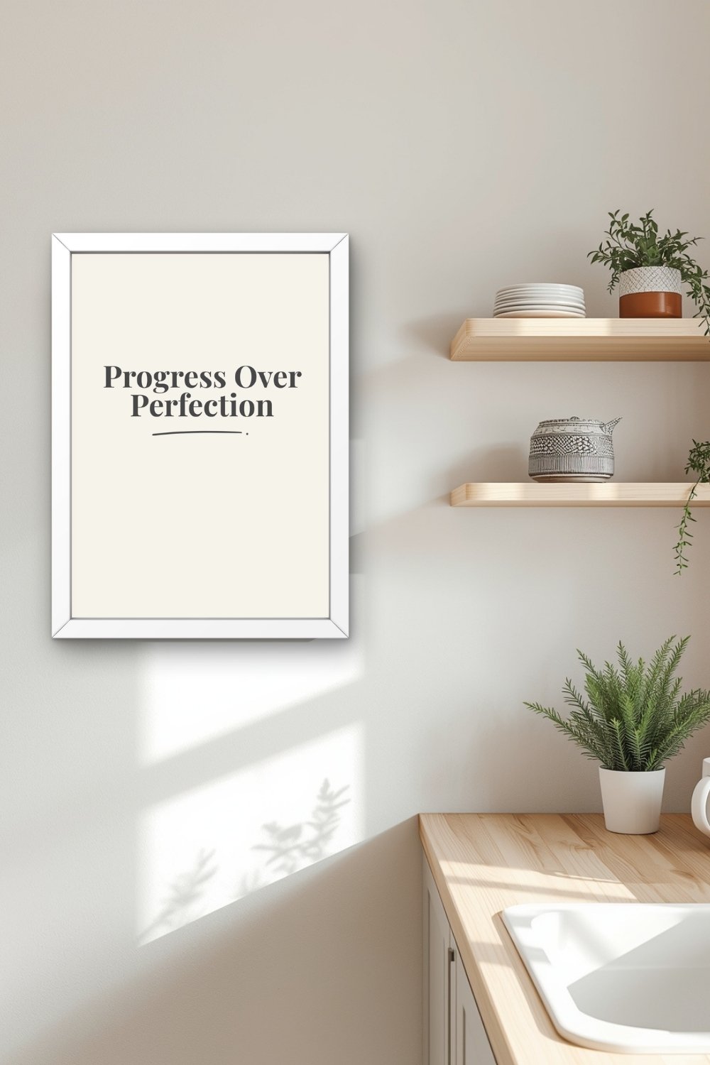 A charcoal typographic wall art print in a white frame on a neutral wall in a calm kitchen corner with open wooden shelving holding stacked plates and a patterned ceramic pot, a potted herb on the wooden countertop, and a sink visible to the right.