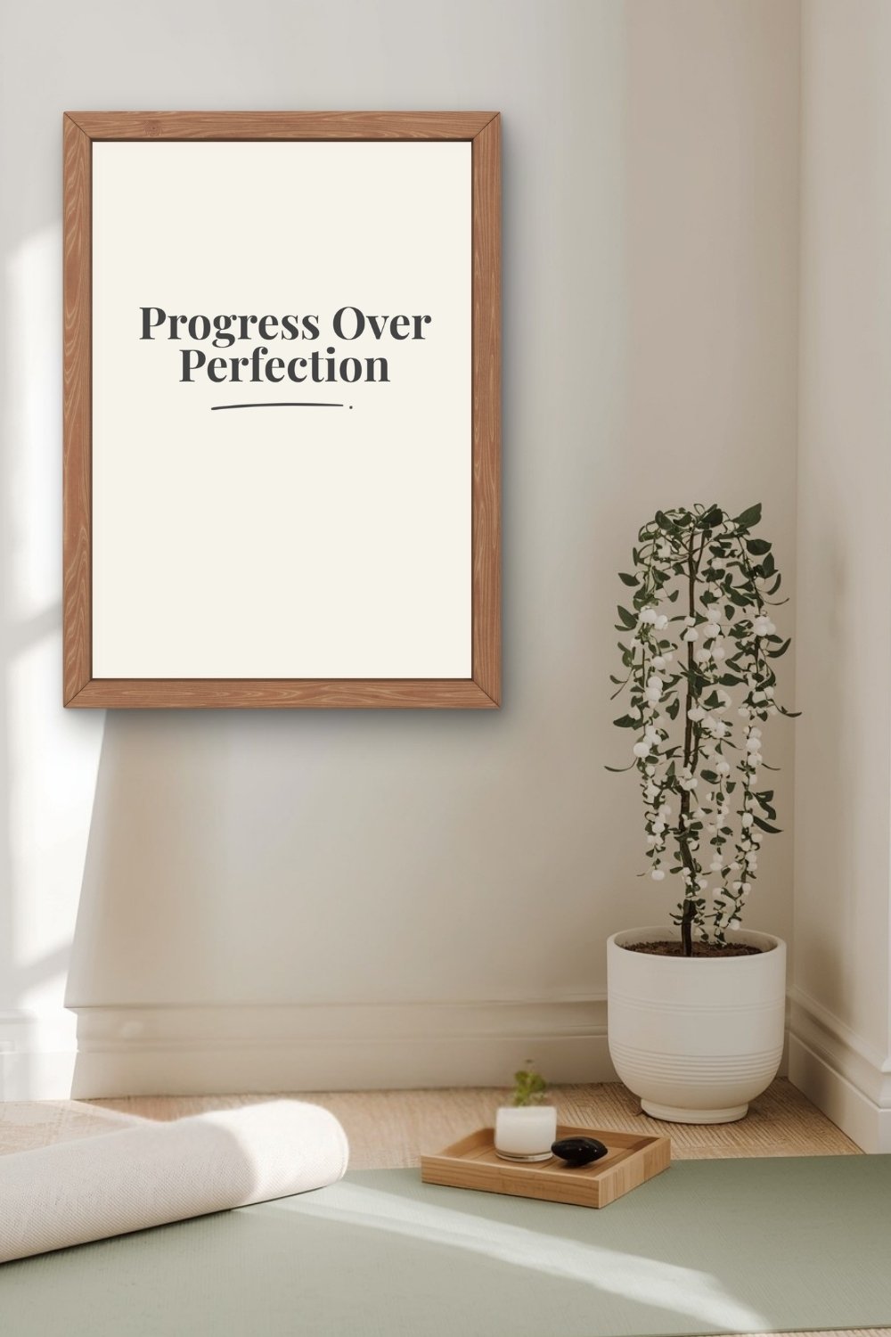 A charcoal typographic wall art print in a wooden frame on a neutral wall in a calm meditation corner with a rolled white yoga mat on a green mat on the floor, a trailing white flowering plant in a white ribbed pot, and a wooden tray with a candle and a s