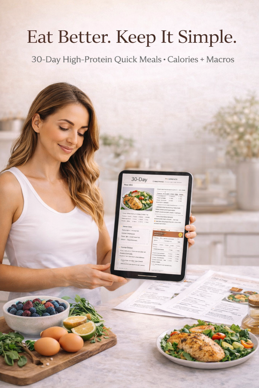 high protein quick meals, high protein recipes for women, easy high protein meals, busy women meal ideas, 30 day meal plan pdf, high protein breakfast ideas, high protein lunch ideas, high protein dinner ideas, calories and macros recipes, macro friendly 