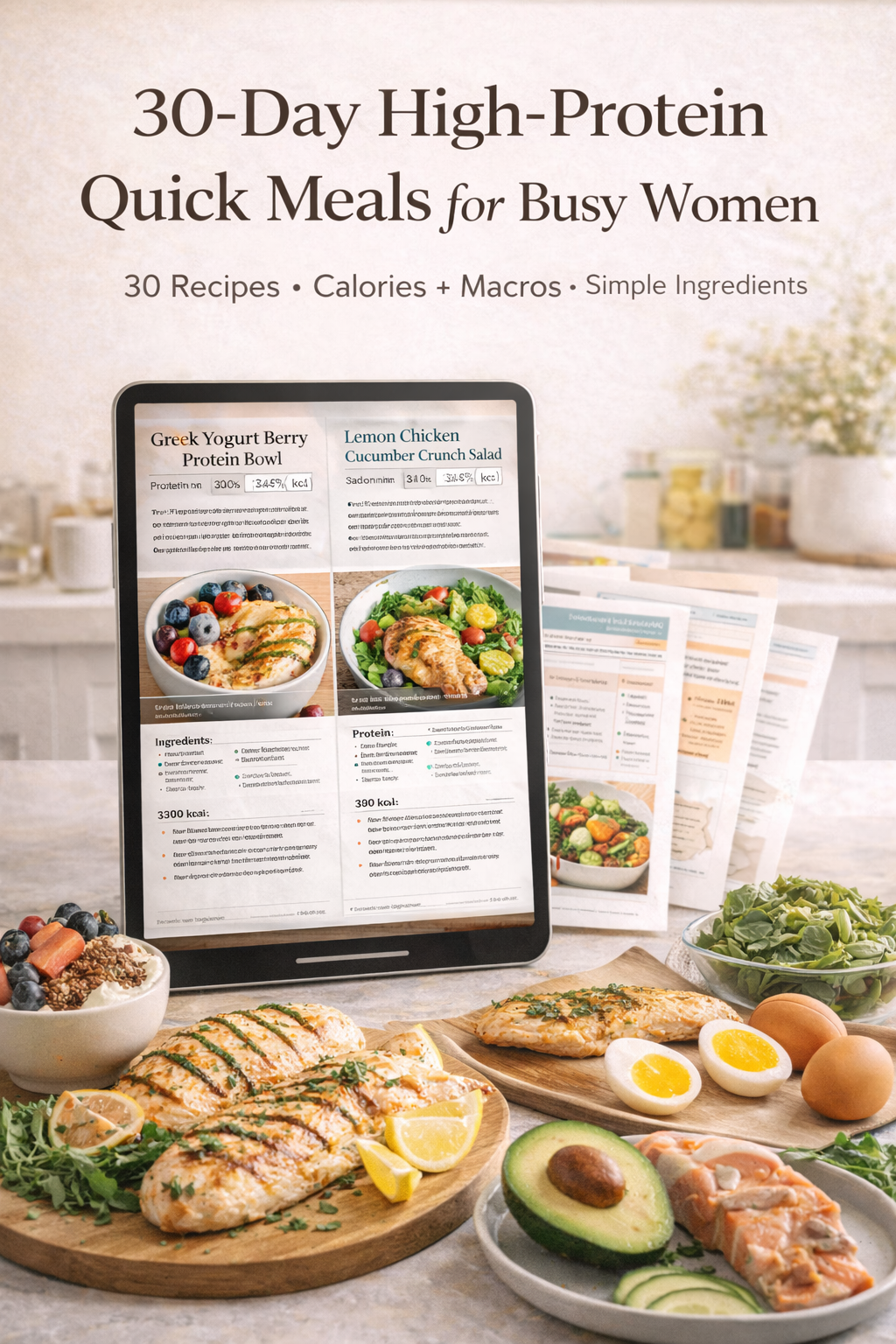 high protein quick meals, high protein recipes for women, easy high protein meals, busy women meal ideas, 30 day meal plan pdf, high protein breakfast ideas, high protein lunch ideas, high protein dinner ideas, calories and macros recipes, macro friendly 