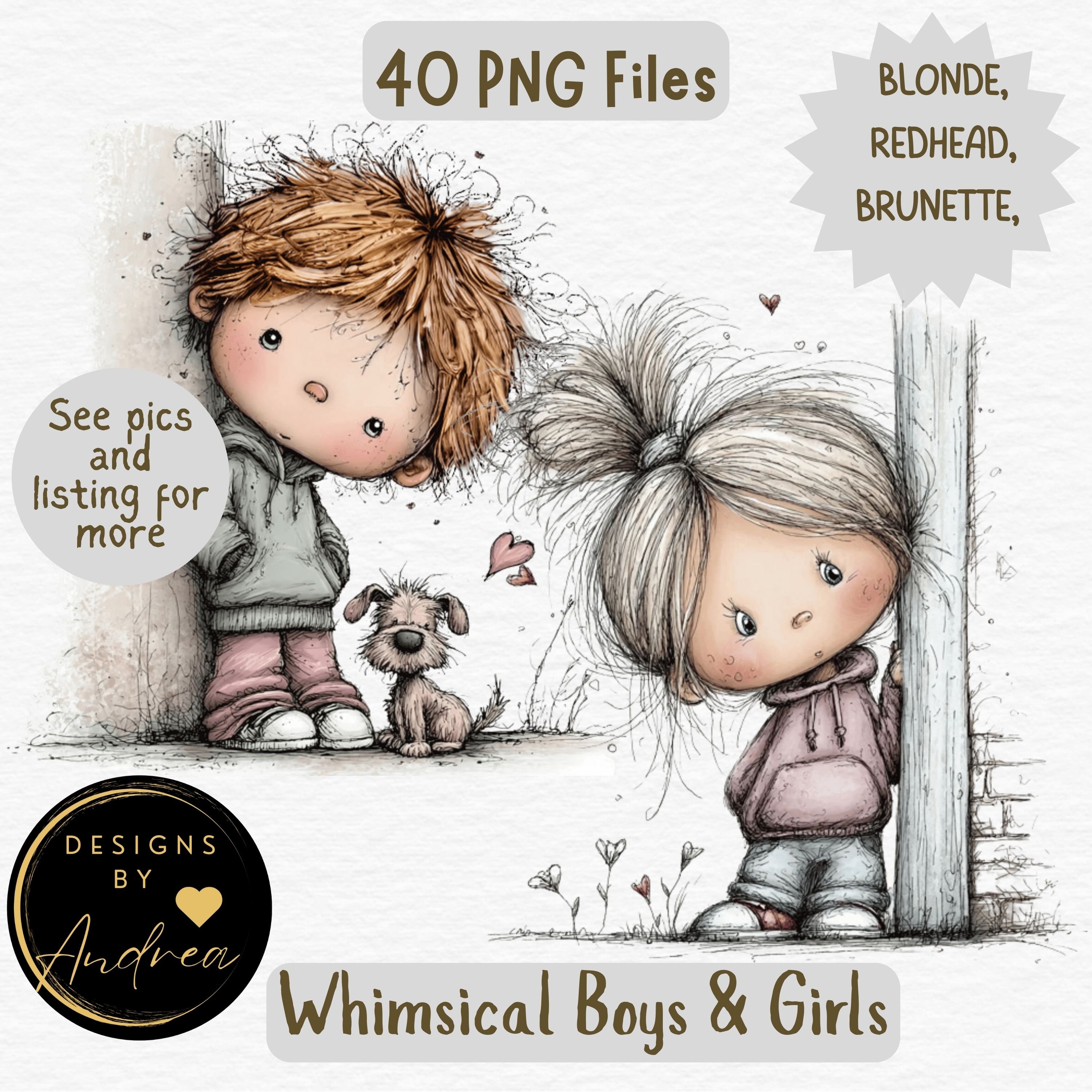 Whimsical Boys & Girls Clipart Bundle | 40 PNG Files | Cute Kids ...