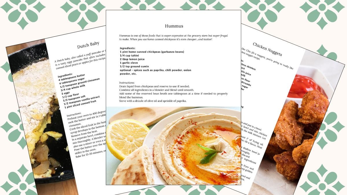 recipe cards on a table with a green and cream tablecloth