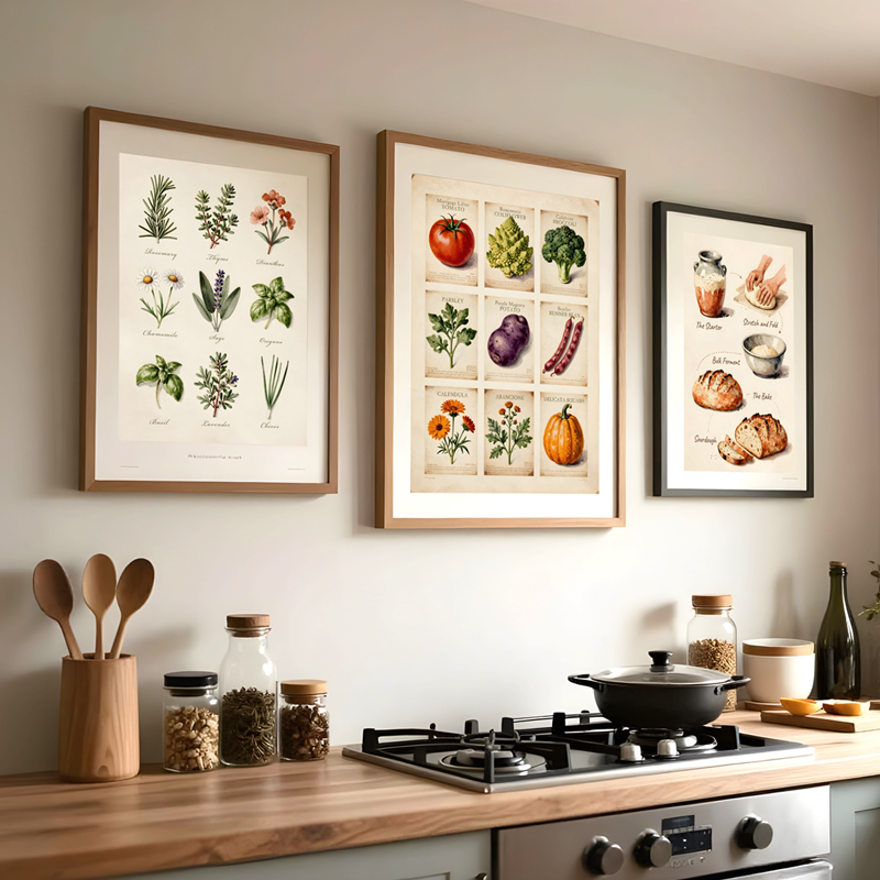 Three vintage botanical art prints framed on a kitchen wall — herb chart, seed packet and sourdough poster from the Kitchen Series by Kelvin Hughes Design
