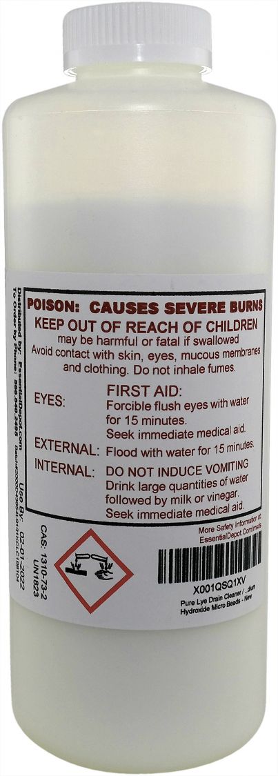 "Artisan soapmaking ingredient lye (sodium hydroxide) – shown safely handled – transforms completely during saponification, leaving no lye in the final soap bar."