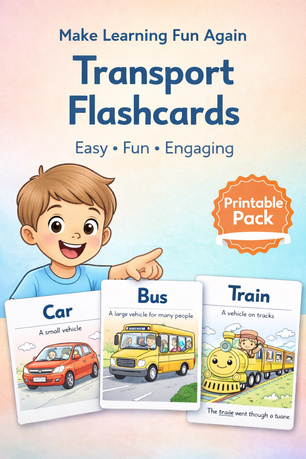 Transport Pack for Kids (Ages 3–7) – 20 Fun Printable Vehicle Flashcards with Simple Sentences & Coloring Pages | Learn Transportation Vocabulary the Easy Way