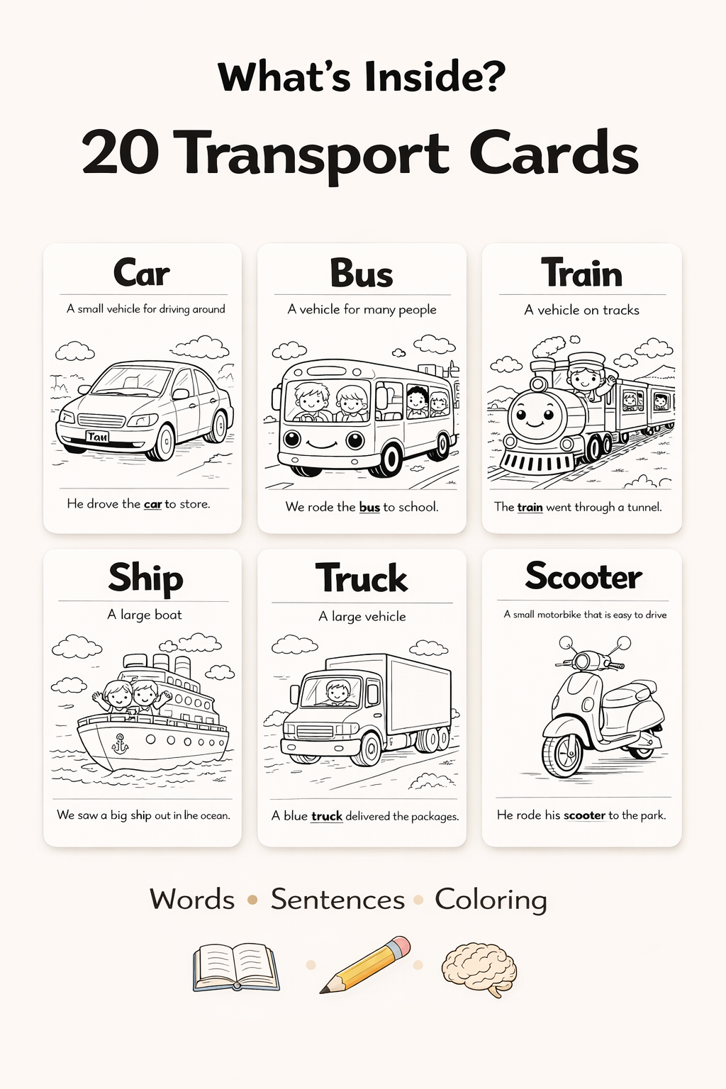 Transport Pack for Kids (Ages 3–7) – 20 Fun Printable Vehicle Flashcards with Simple Sentences & Coloring Pages | Learn Transportation Vocabulary the Easy Way