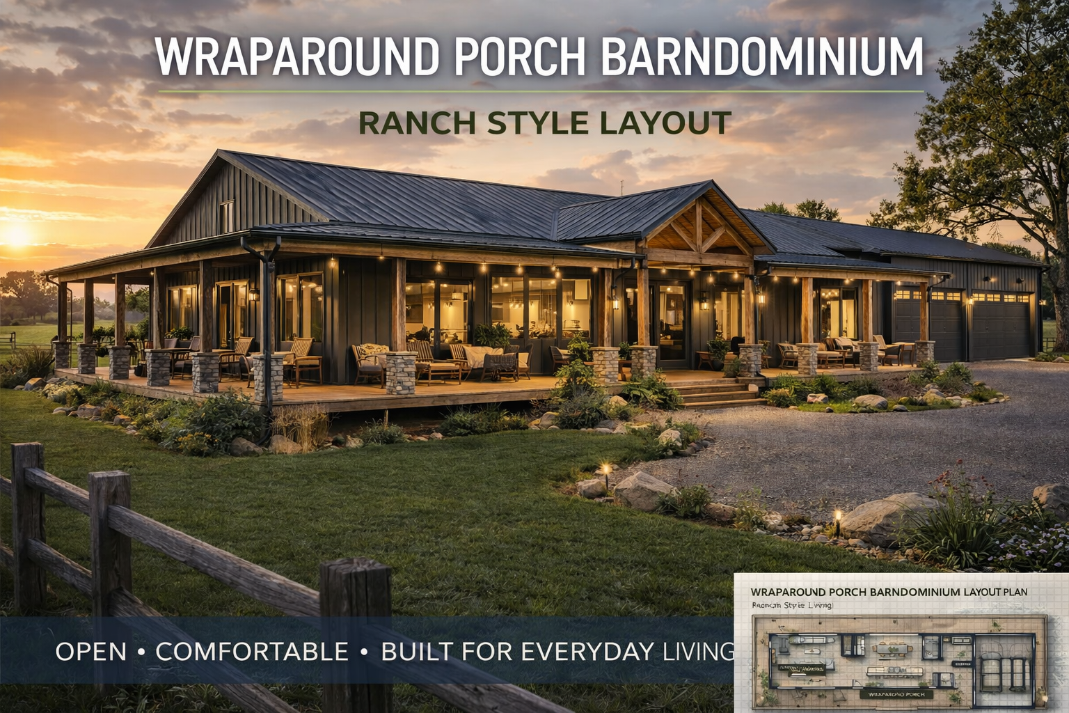 Wraparound Porch Barndominium Layout Plan (Ranch Style Design) - Payhip