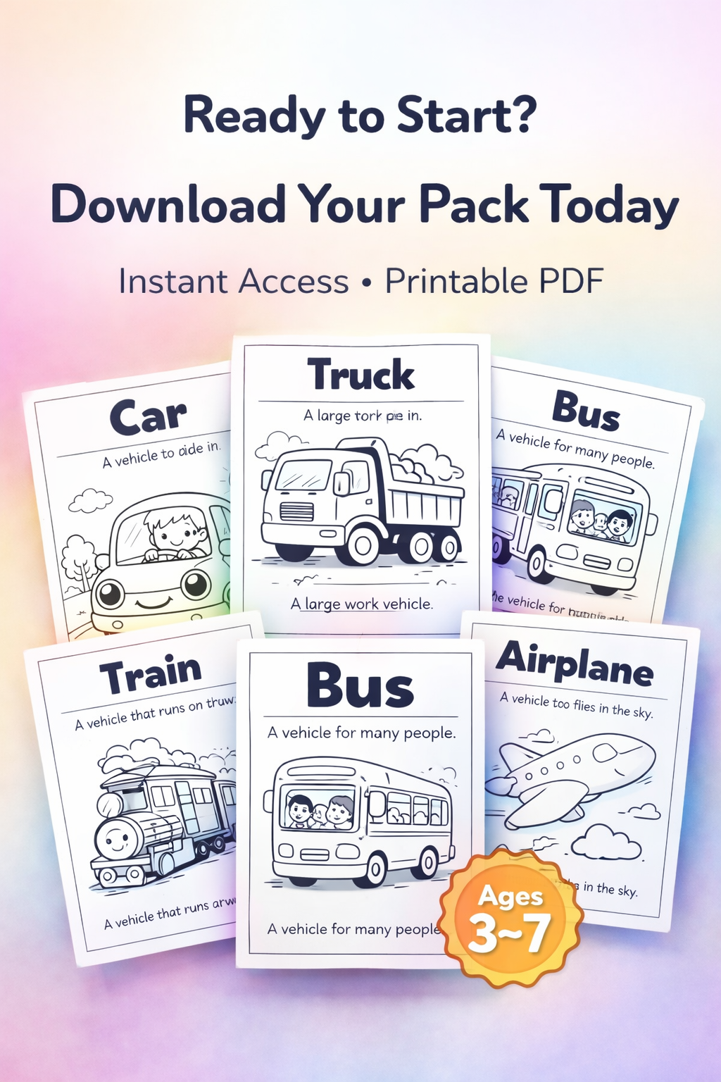 Transport Pack for Kids (Ages 3–7) – 20 Fun Printable Vehicle Flashcards with Simple Sentences & Coloring Pages | Learn Transportation Vocabulary the Easy Way