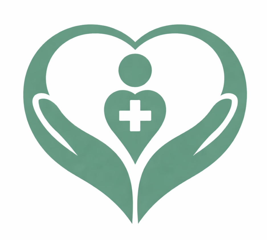 ´´Green heart-shaped logo formed by caring hands with medical cross and human silhouette, symbolizing premium healthcare and family devotion´´