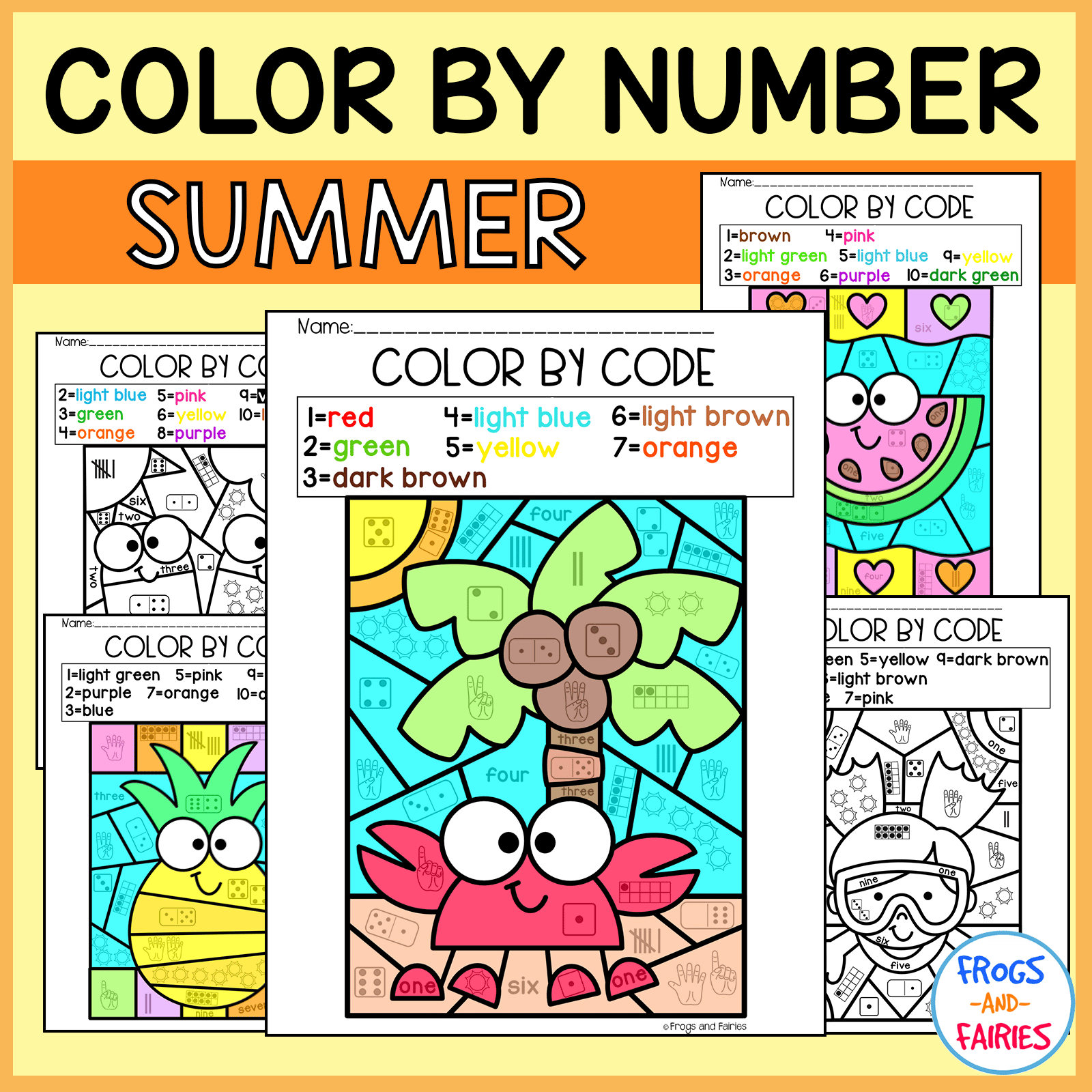 Summer Color by Code: Number Sense Worksheets (1-10)