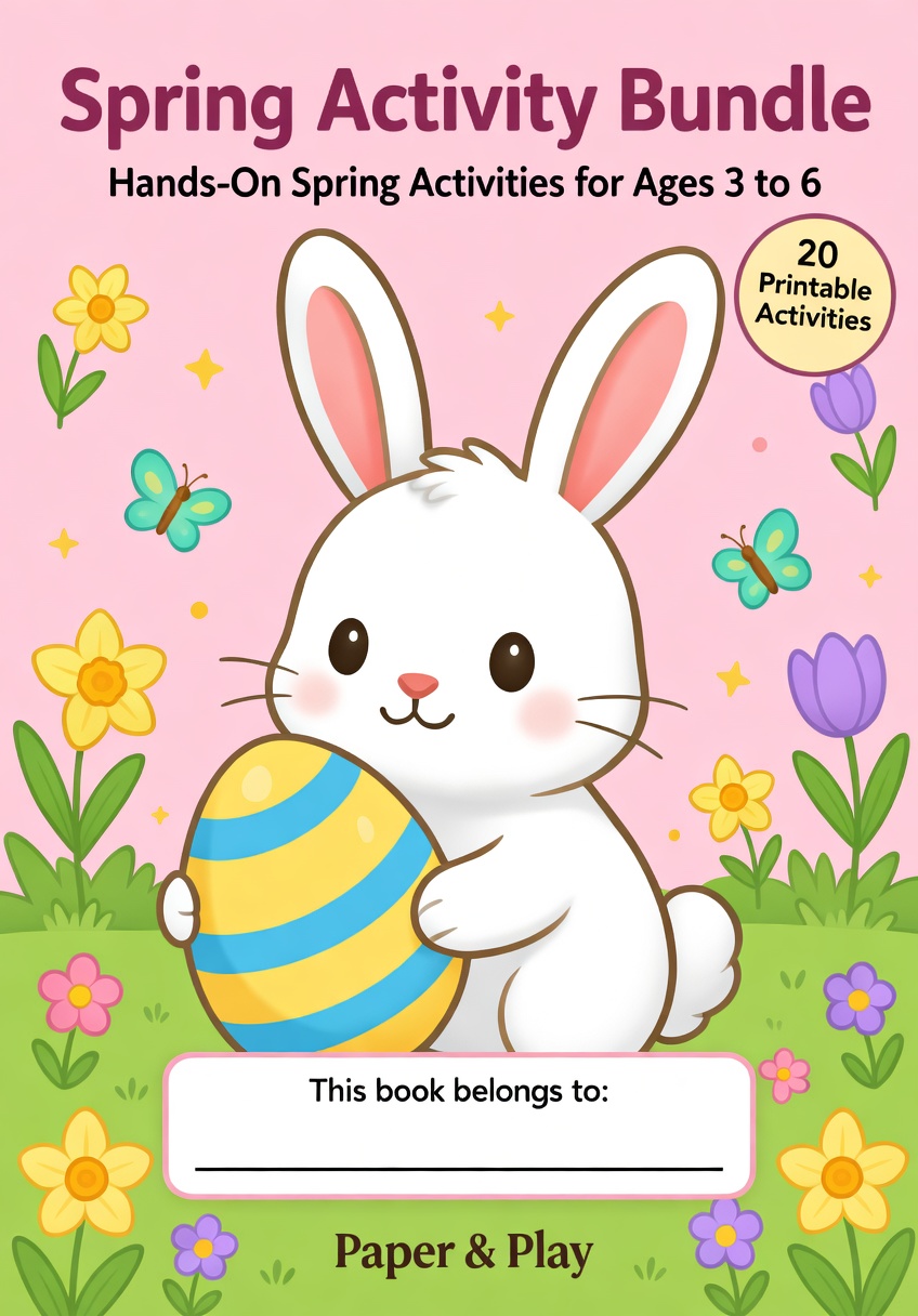 Spring-themed "Count & Match" math worksheet and a "Draw & Connect" activity featuring seasonal items like rain boots, umbrellas, and sprouts.