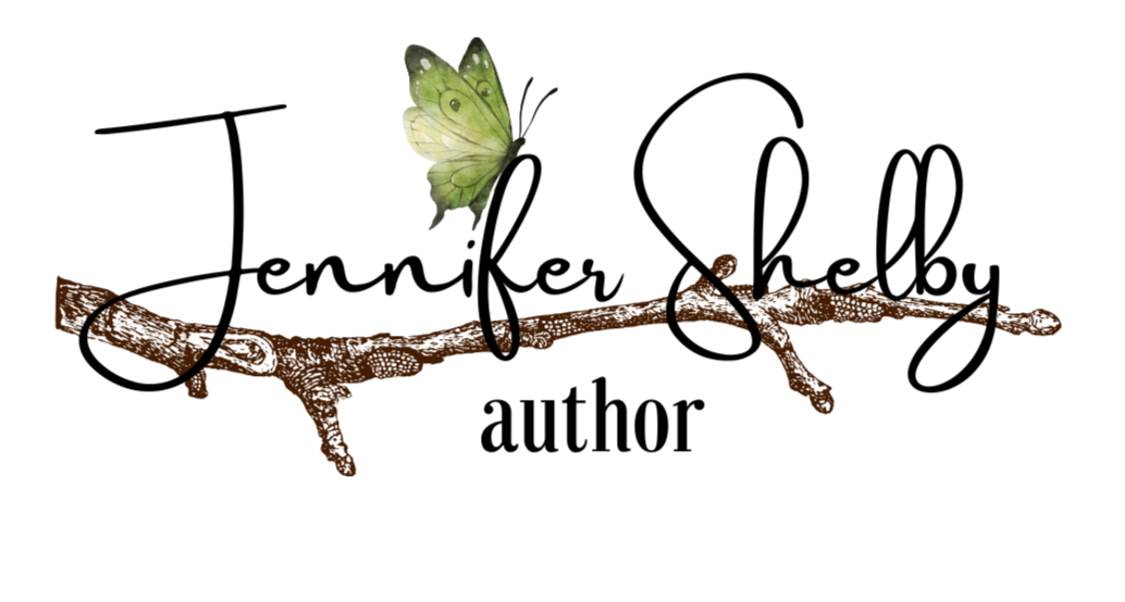 author Jennifer Shelby, stylized handwriting with a twig and green butterfly complimenting