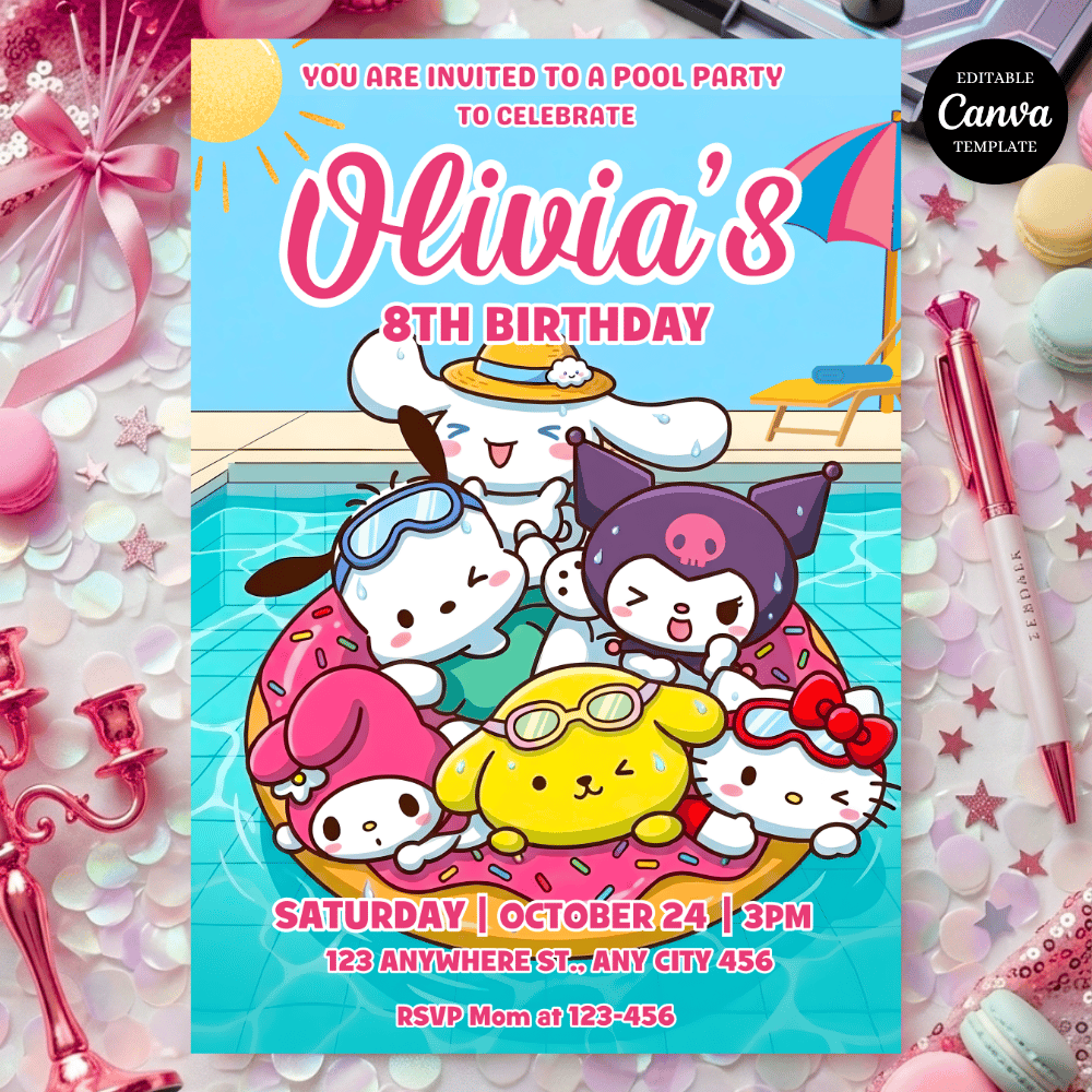 Detail shot of the pastel pink watercolor flowers and cute kitty character art