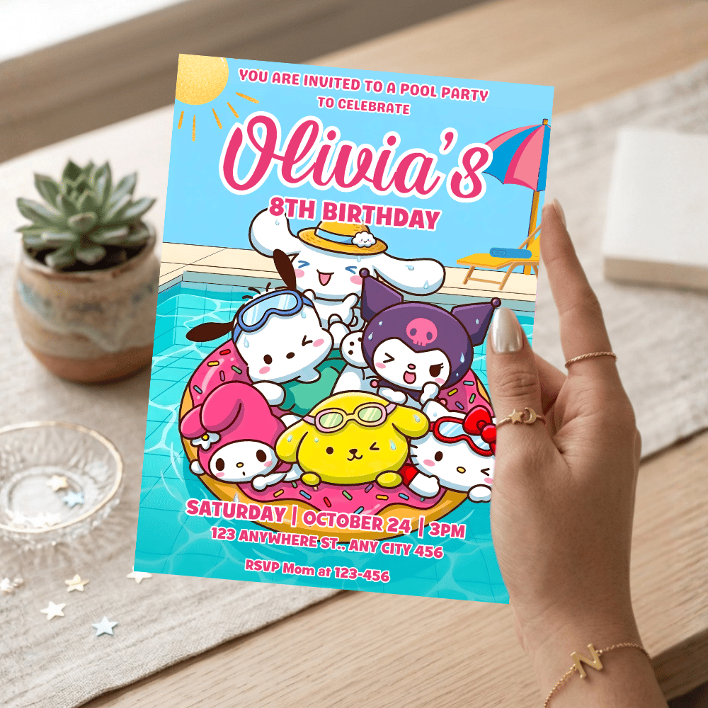 Hello kitty and friends pool party invitation