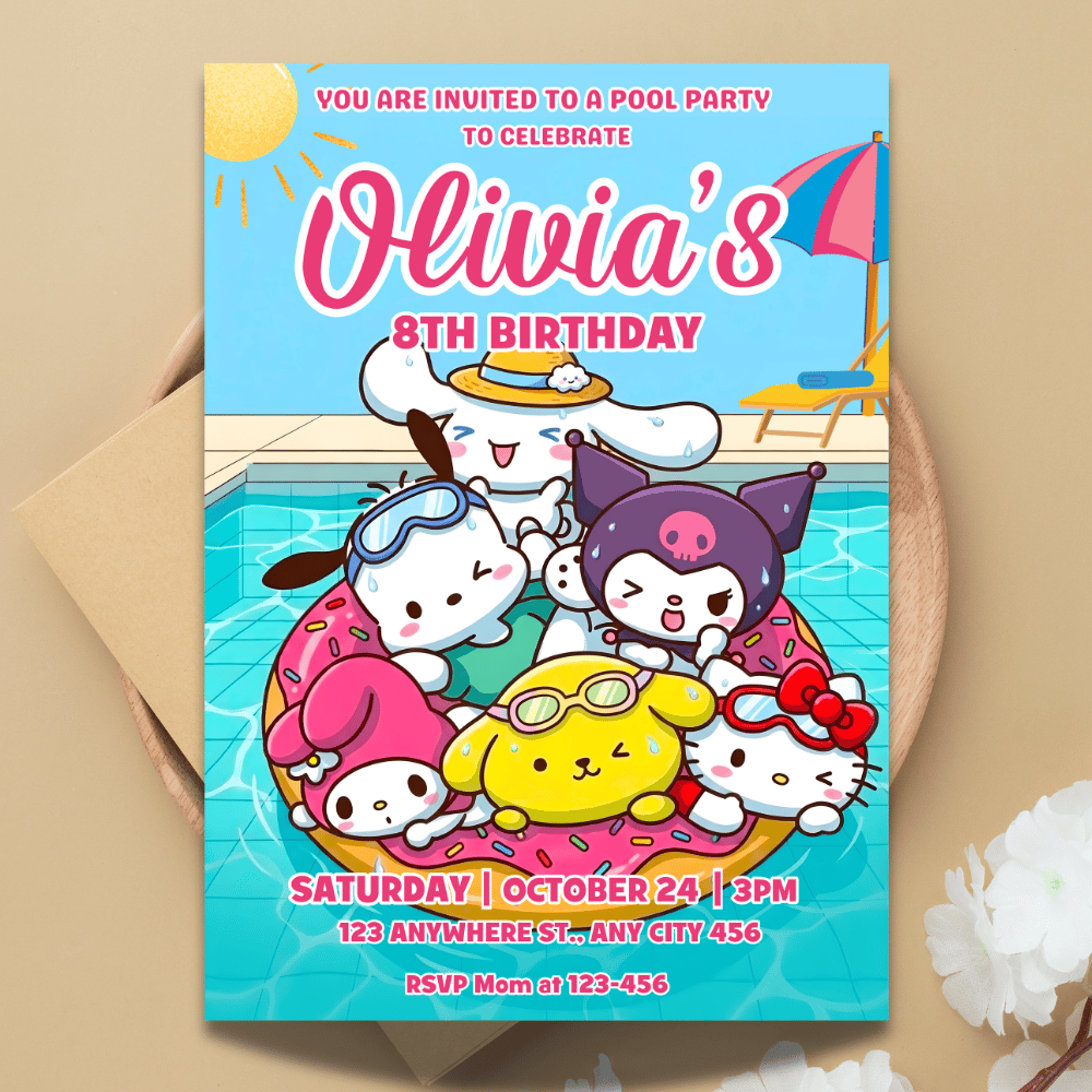 Hello Kitty pink pool party invitation template with watercolor summer graphics.