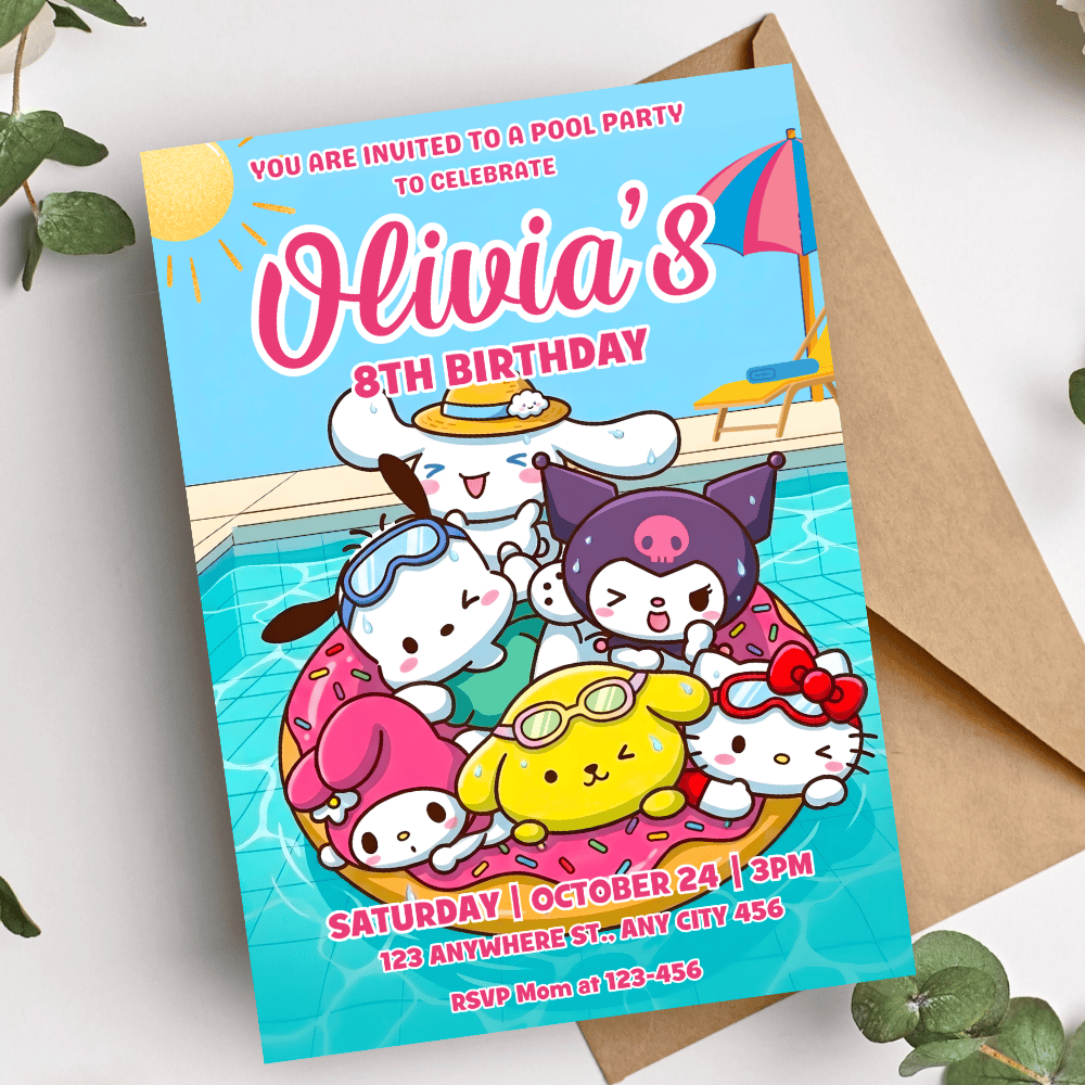 Flatlay mockup of the printed 5x7 Hello Kitty invitation on a white desk