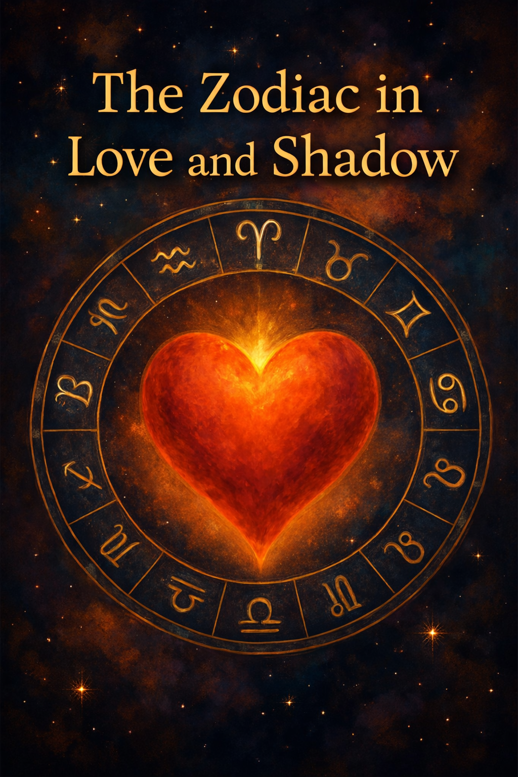 A mystical book cover displaying interconnected celestial orbits, balancing light and dark cosmic energy.