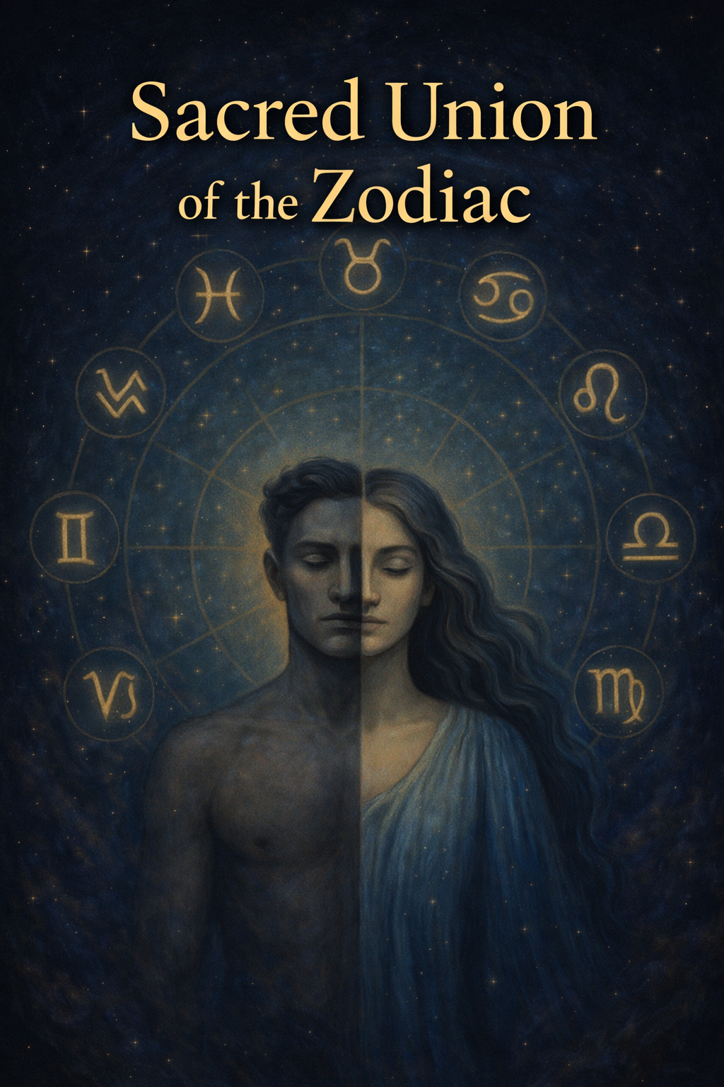 A mystical book cover depicting the harmonious union of solar masculine and lunar feminine cosmic energies within a celestial birth chart.