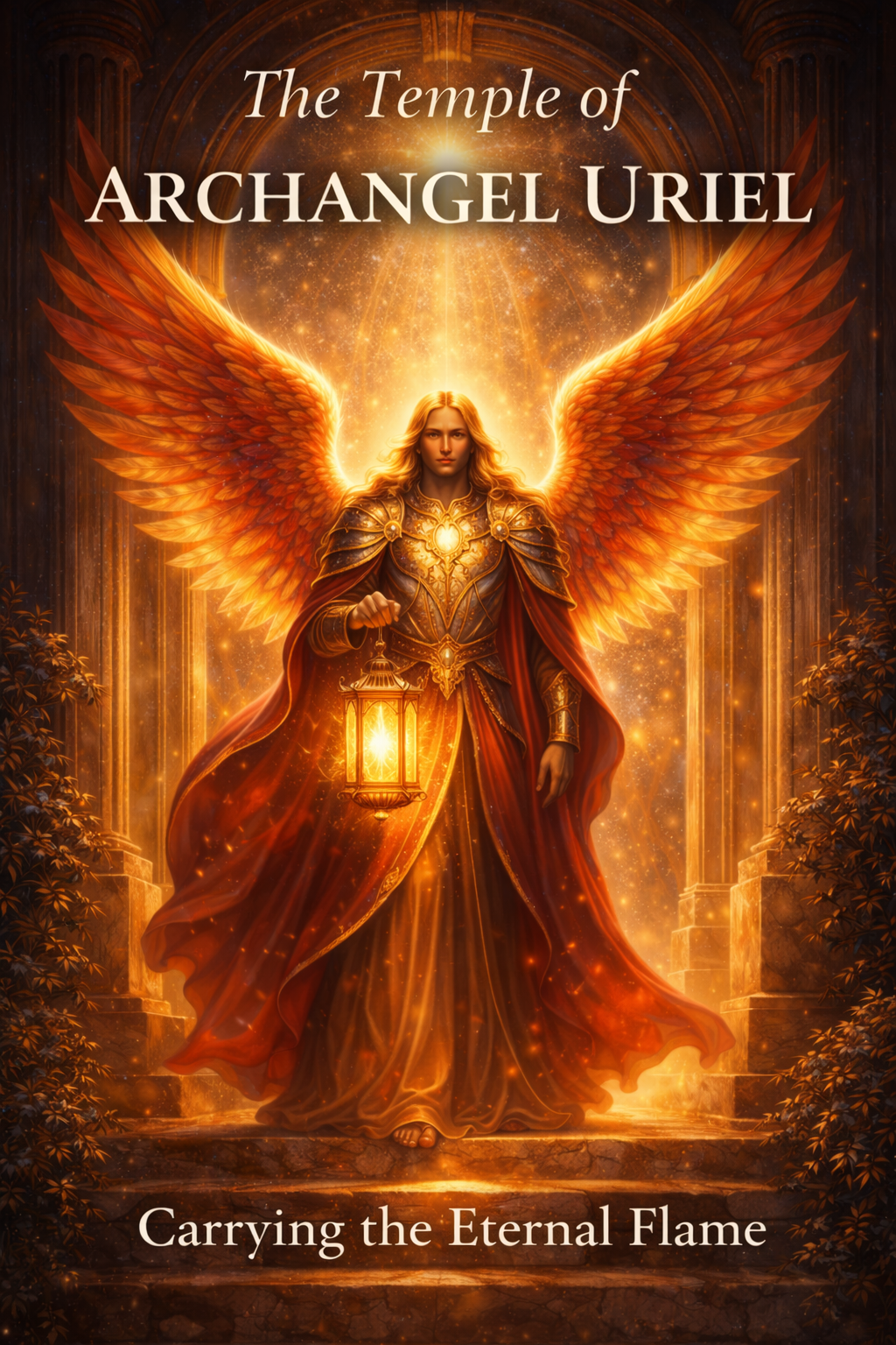 A sacred book cover depicting a steady ruby or golden eternal flame radiating within a mystical temple corridor.