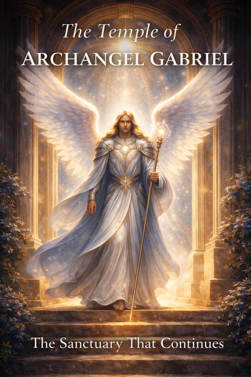 The Temple of Archangel Gabriel eBook by Awaken the Oracle - A soothing book cover showing a gentle pearlescent light or crystalline water reflection inside a sacred celestial sanctuary