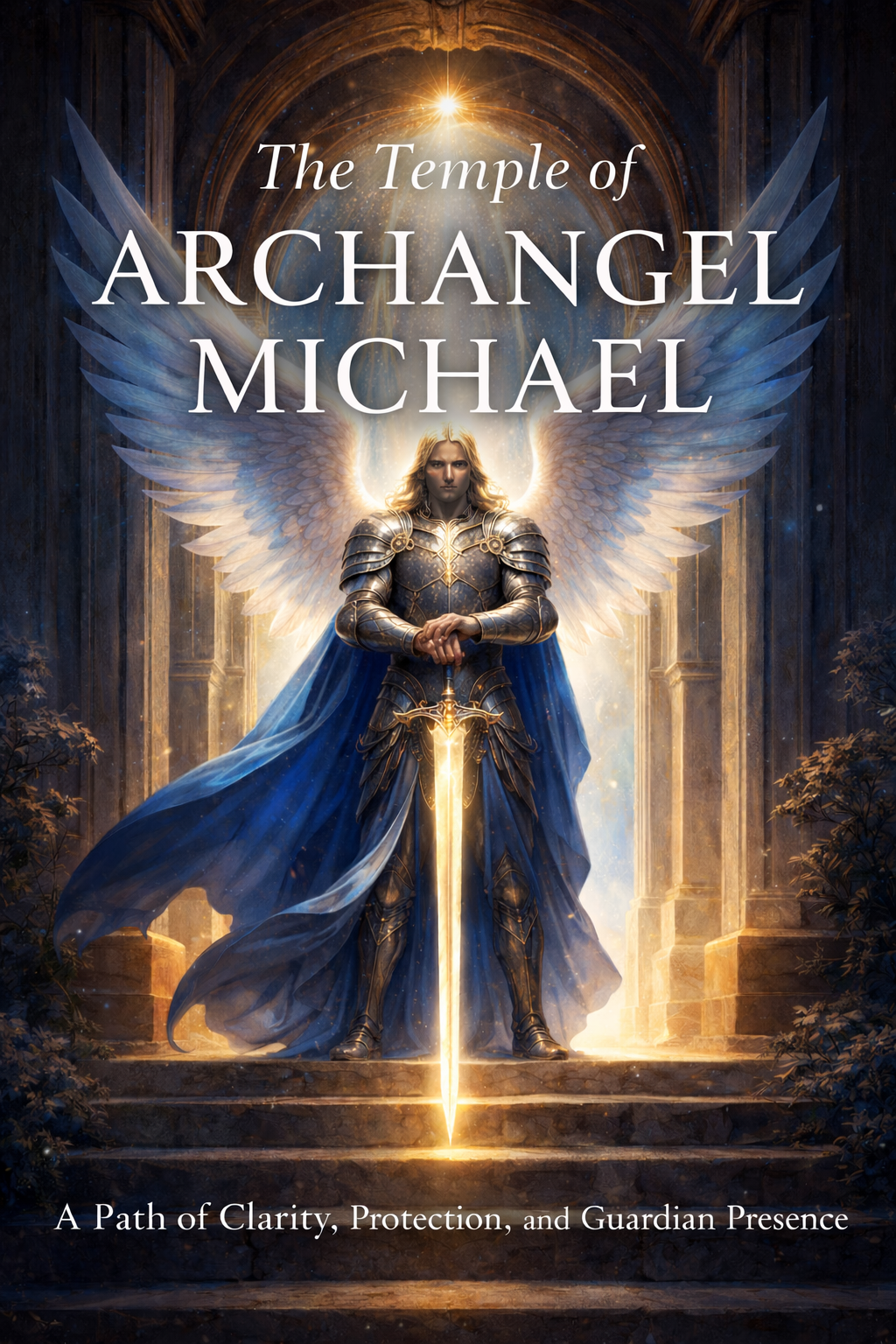 The Temple of Archangel Michael eBook by Awaken the Oracle - A powerful book cover featuring a brilliant deep blue or sapphire light symbolizing spiritual protection and a refined geometric sword motif