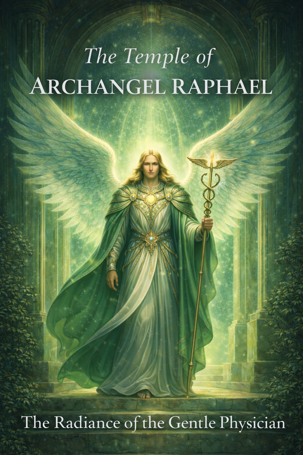 The Temple of Archangel Raphael eBook by Awaken the Oracle - A soothing book cover featuring a soft, radiant emerald green light or luminous aura symbolizing angelic healing and somatic restoration.
