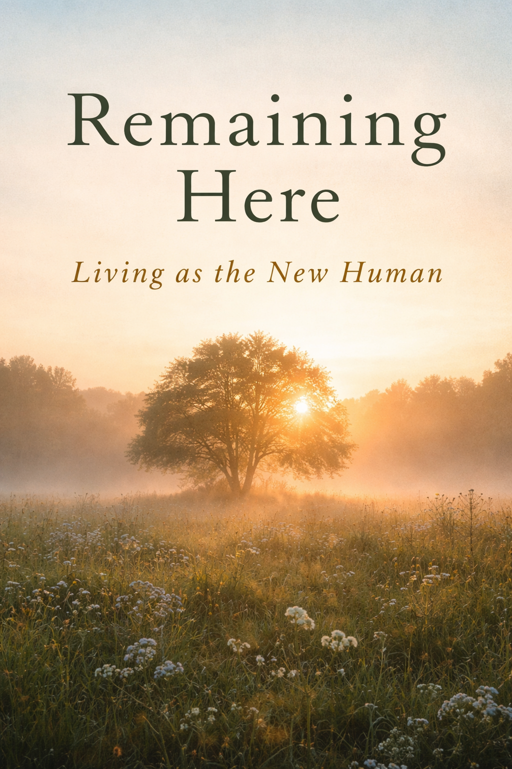 Remaining Here Living as the New Human eBook by Awaken the Oracle - A deeply grounding book cover showing a physical silhouette firmly anchored to the earth, radiating a soft, integrated field of golden light.