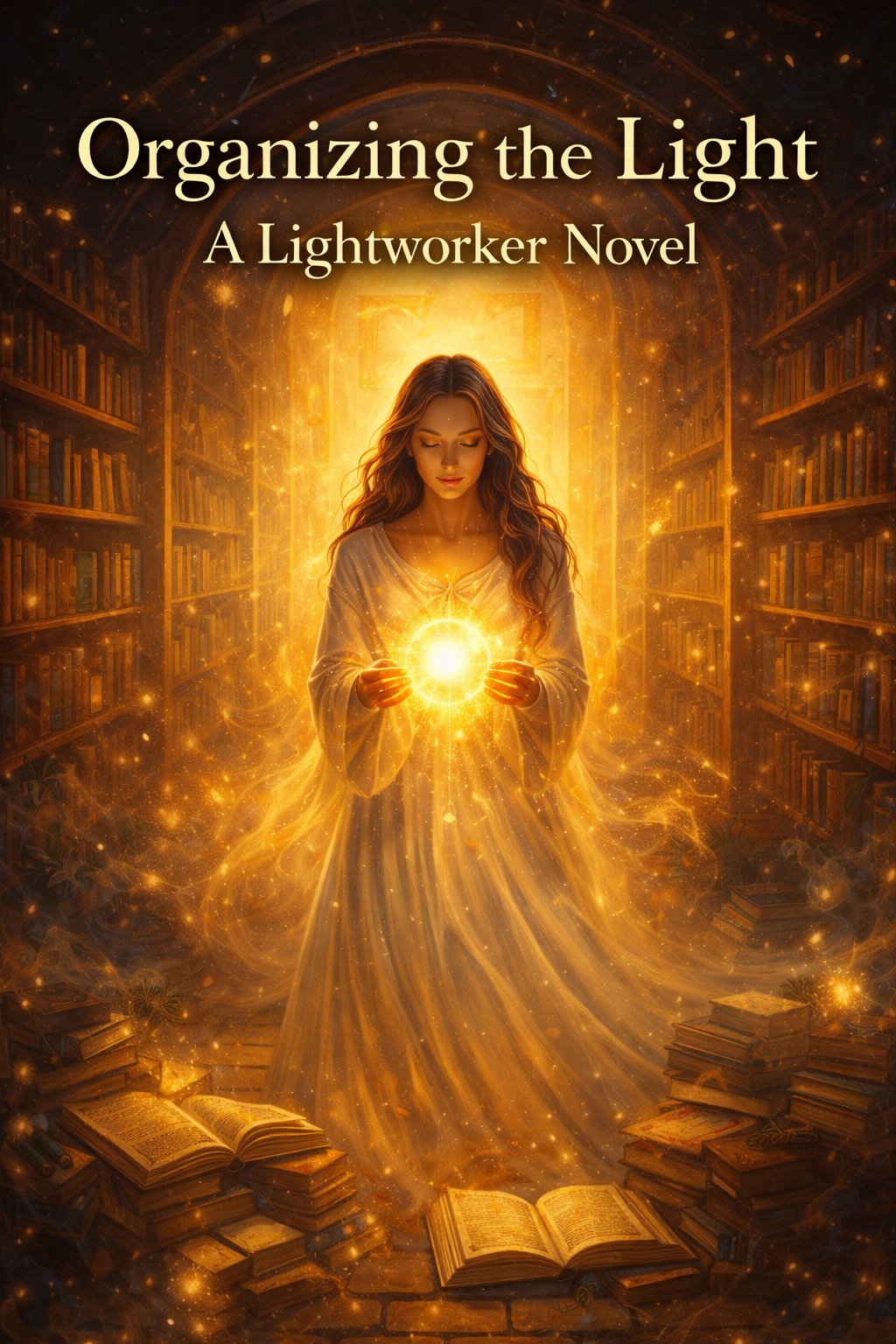 Organizing the Light eBook by Awaken the Oracle - A cozy, magical realism book cover featuring a peaceful small-town bookstore interior with subtle, glowing light.