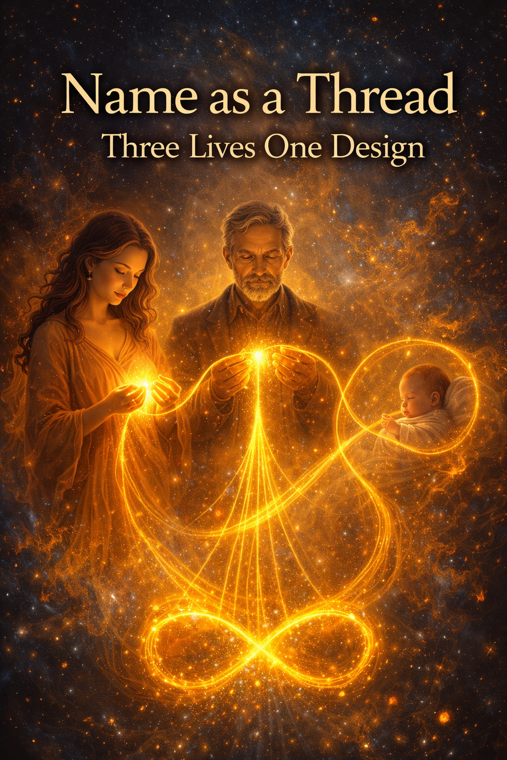 Name as a Thread eBook by Awaken the Oracle - A minimalist, evocative book cover displaying three subtle, luminous threads intersecting to form an elegant geometric pattern