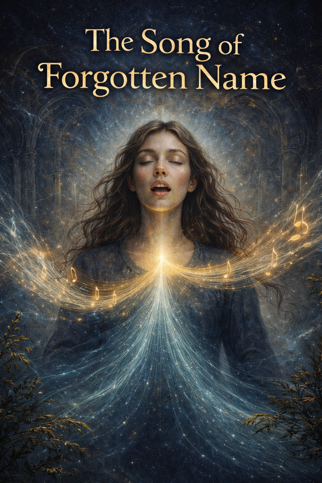The Song of the Forgotten Name eBook by Awaken the Oracle - An atmospheric book cover depicting luminous sound waves or golden geometric frequencies rippling through a deep, star-filled cosmic night.