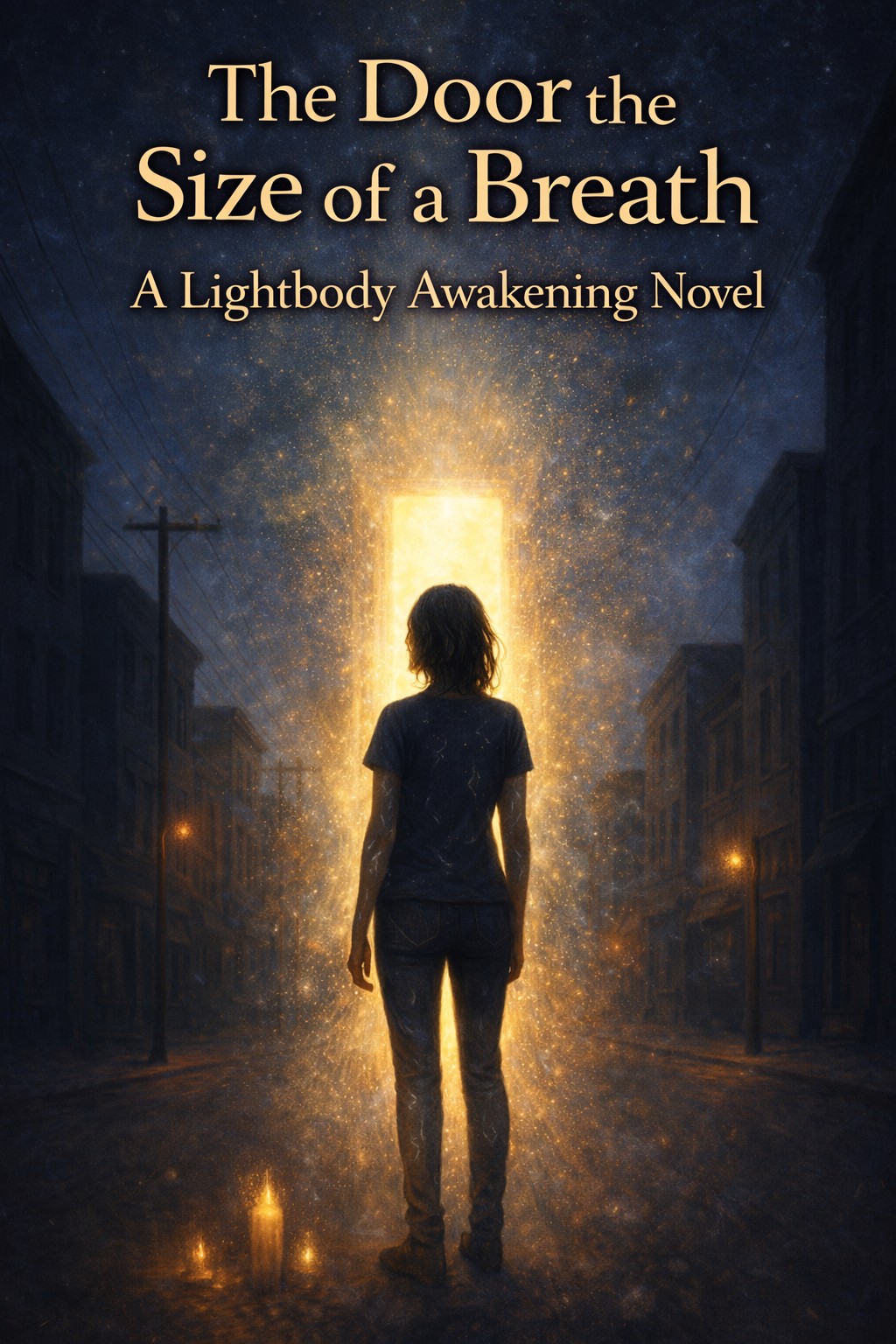 The Door the Size of a Breath eBook by Awaken the Oracle - An elegant, atmospheric book cover showing a subtle vertical line of crystalline light breaking through a soft, urban twilight haze.