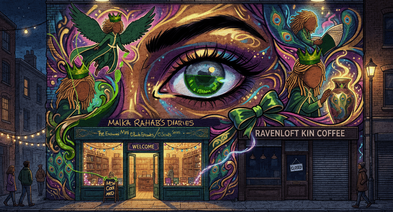 Graffiti of a bookstore a revolutionary ebook episodes and escrolls from Malkarahabsdiaries.io, pioneering a new reading experience that blends serialized entertainment with profound storytelling, much like Harry Potter for a new generation symbolizing Malka Rahab's Diaries themes: Human Kin, Unity, wisdom, and liberated living.