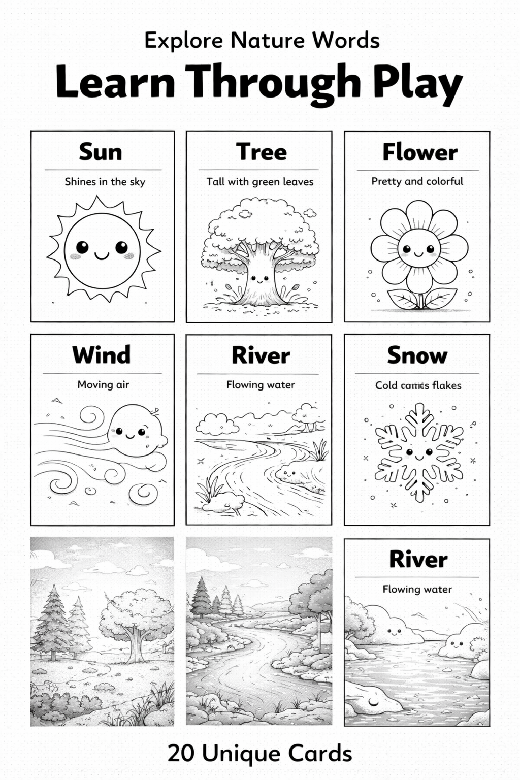 Nature Flashcards for Kids (Ages 3–7) – 20 Printable Coloring Cards with Simple Sentences | Learn Nature Words the Fun & Easy Way