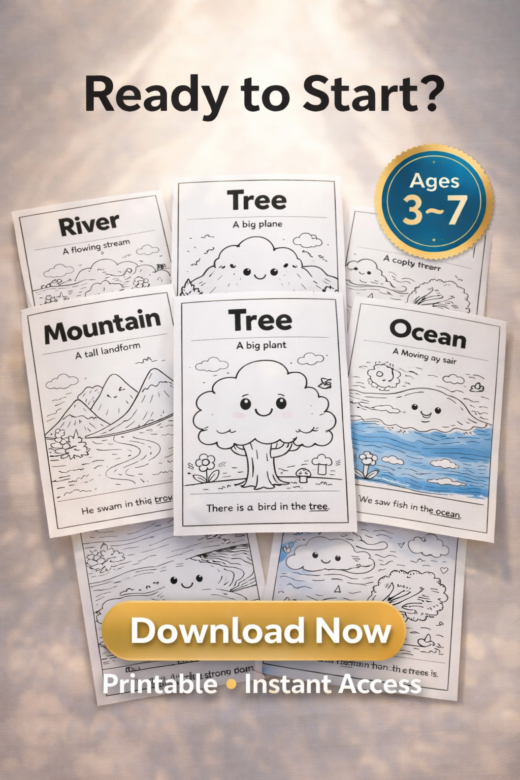 Nature Flashcards for Kids (Ages 3–7) – 20 Printable Coloring Cards with Simple Sentences | Learn Nature Words the Fun & Easy Way