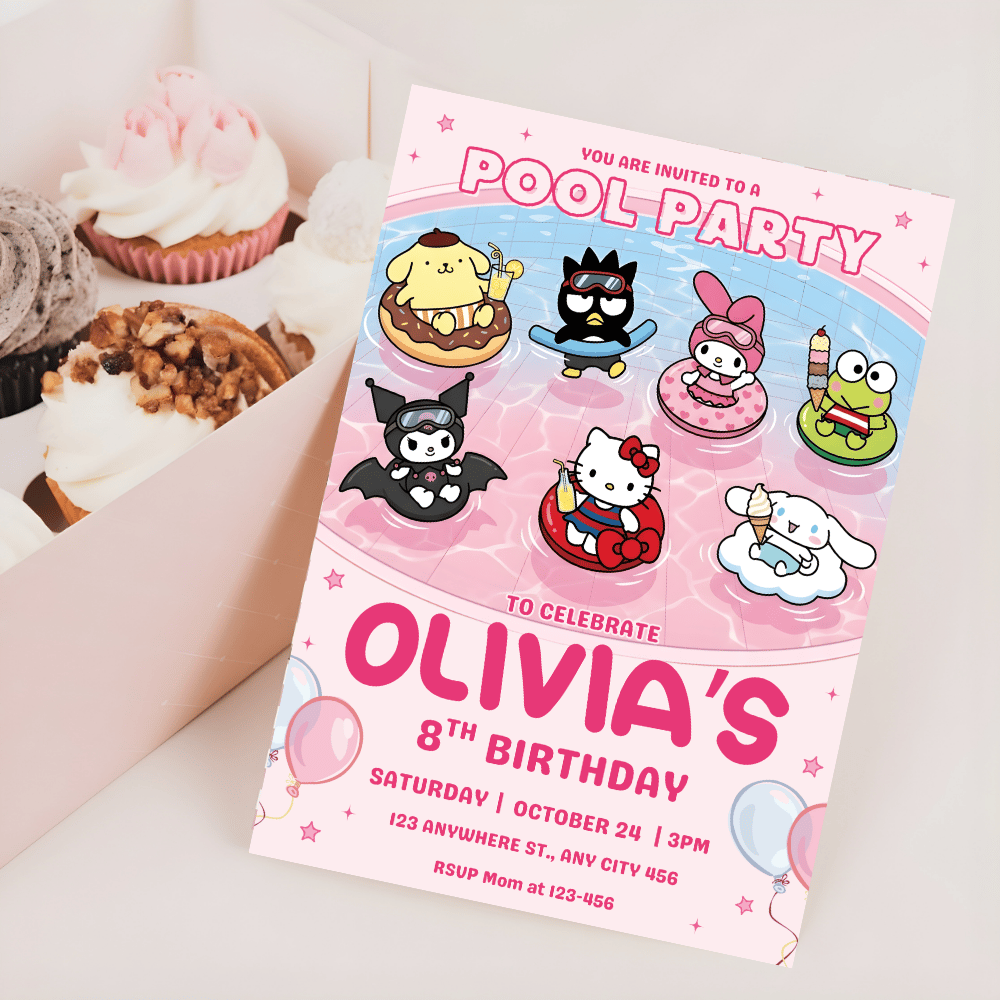 Close up of editable text fields for a Sanrio themed summer birthday party invitation.