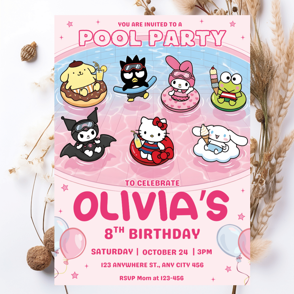 oft pink and white aesthetic birthday invite for a kids summer splash event.