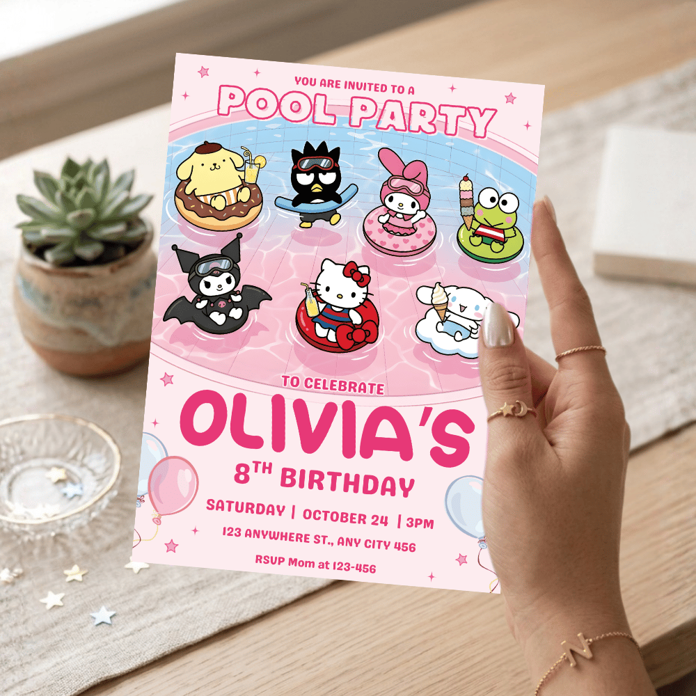Hello Kitty and Friends pink pool party birthday invitation template with a minimalist chic design.