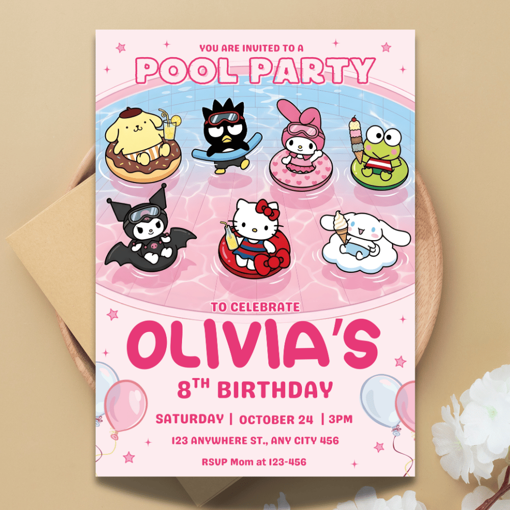 Matching pink floral and character pattern for the back of the pool party invitation.