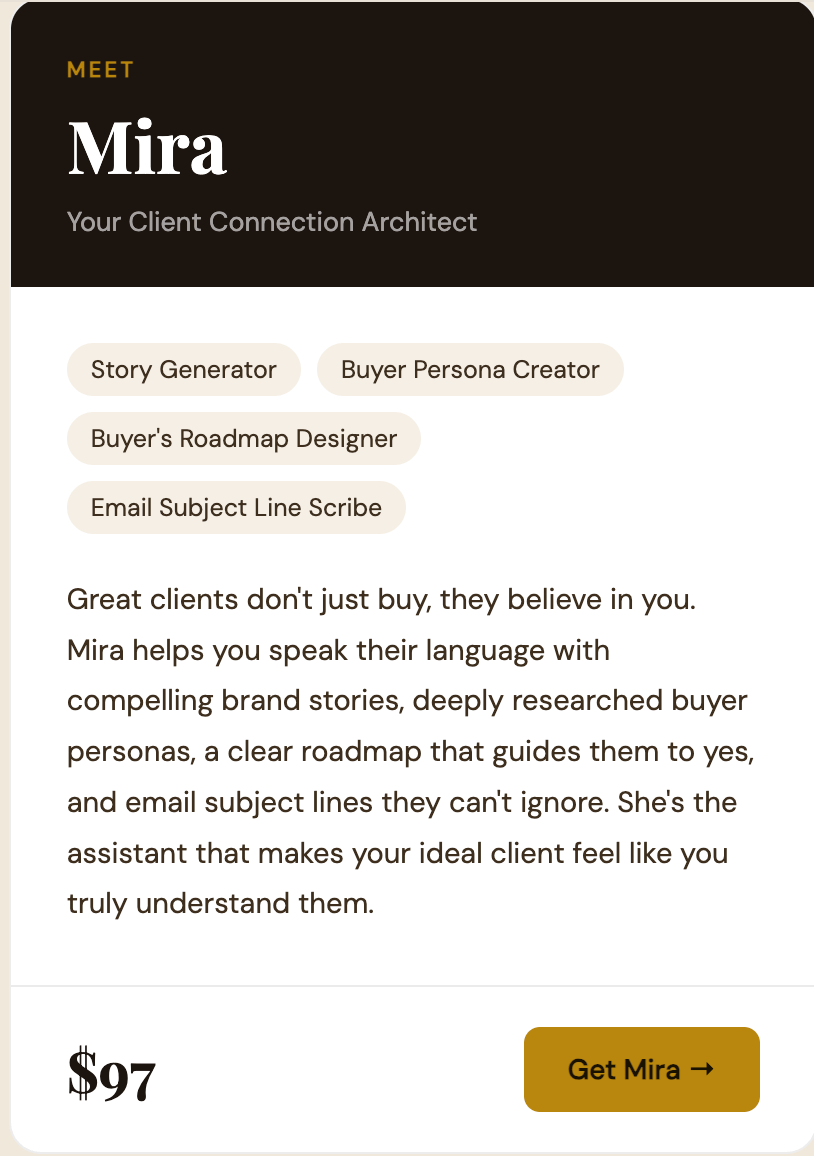 Mira, A Client Connection GPT Sales page in cream and brown
