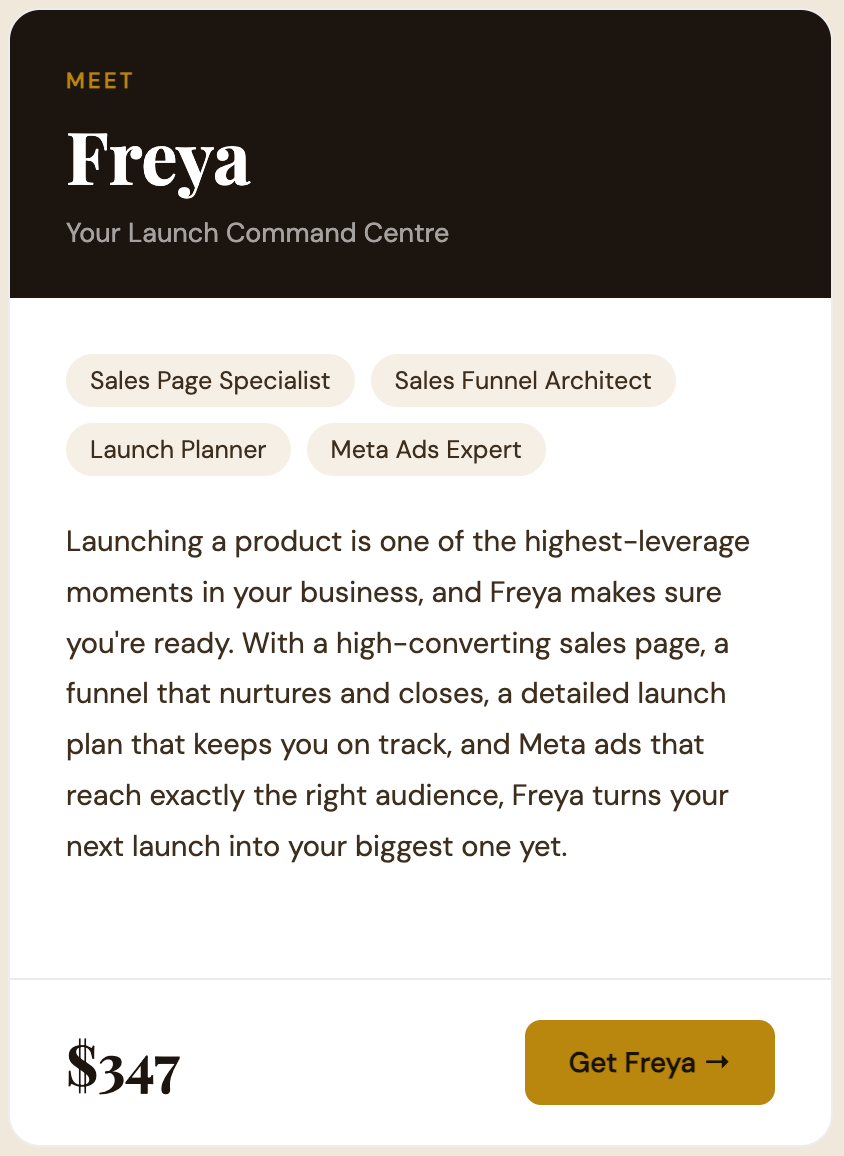 sales ad for custom product launch AI Assistants, ad is in cream and brown