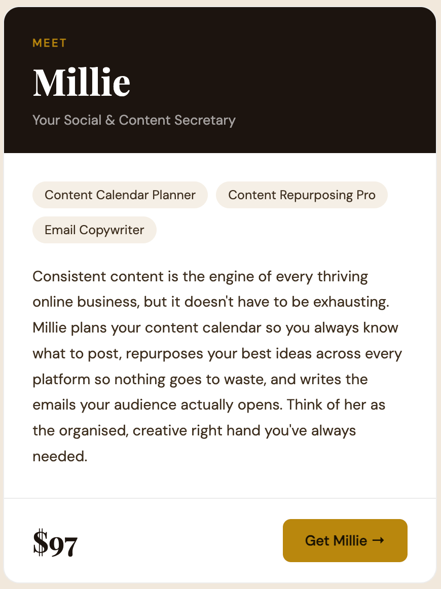 sales page, cream and brown for AI Assistant Millie, creates social media and content for you.