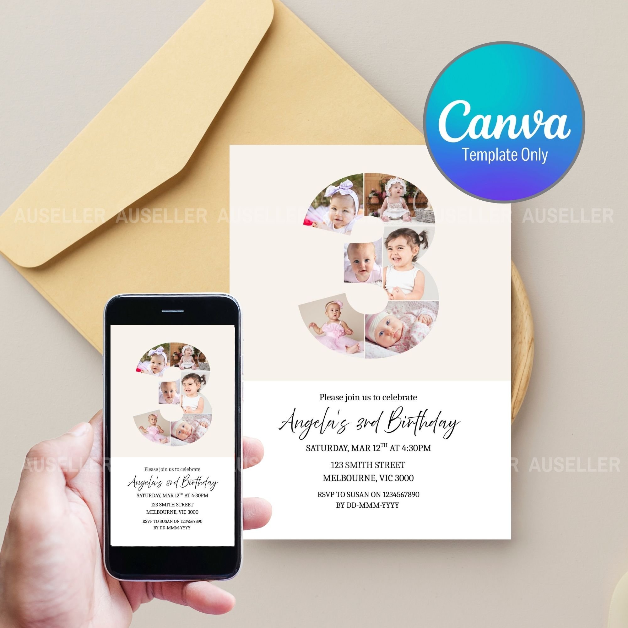 3rd Birthday Photo Collage Editable Invitation Template - Payhip