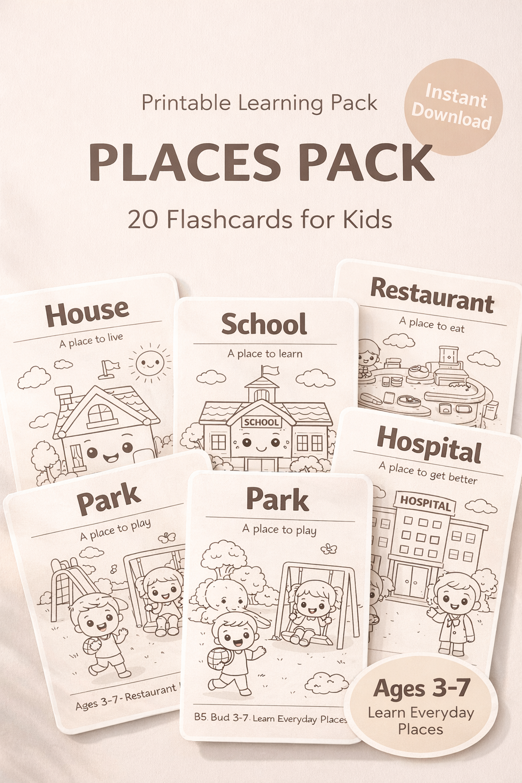 My First Places Pack – 20 Printable Flashcards for Kids (Ages 3–7) | Learn Everyday Places with Simple Sentences & Cute Illustrations