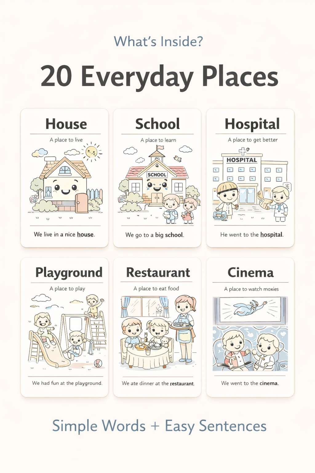 My First Places Pack – 20 Printable Flashcards for Kids (Ages 3–7) | Learn Everyday Places with Simple Sentences & Cute Illustrations