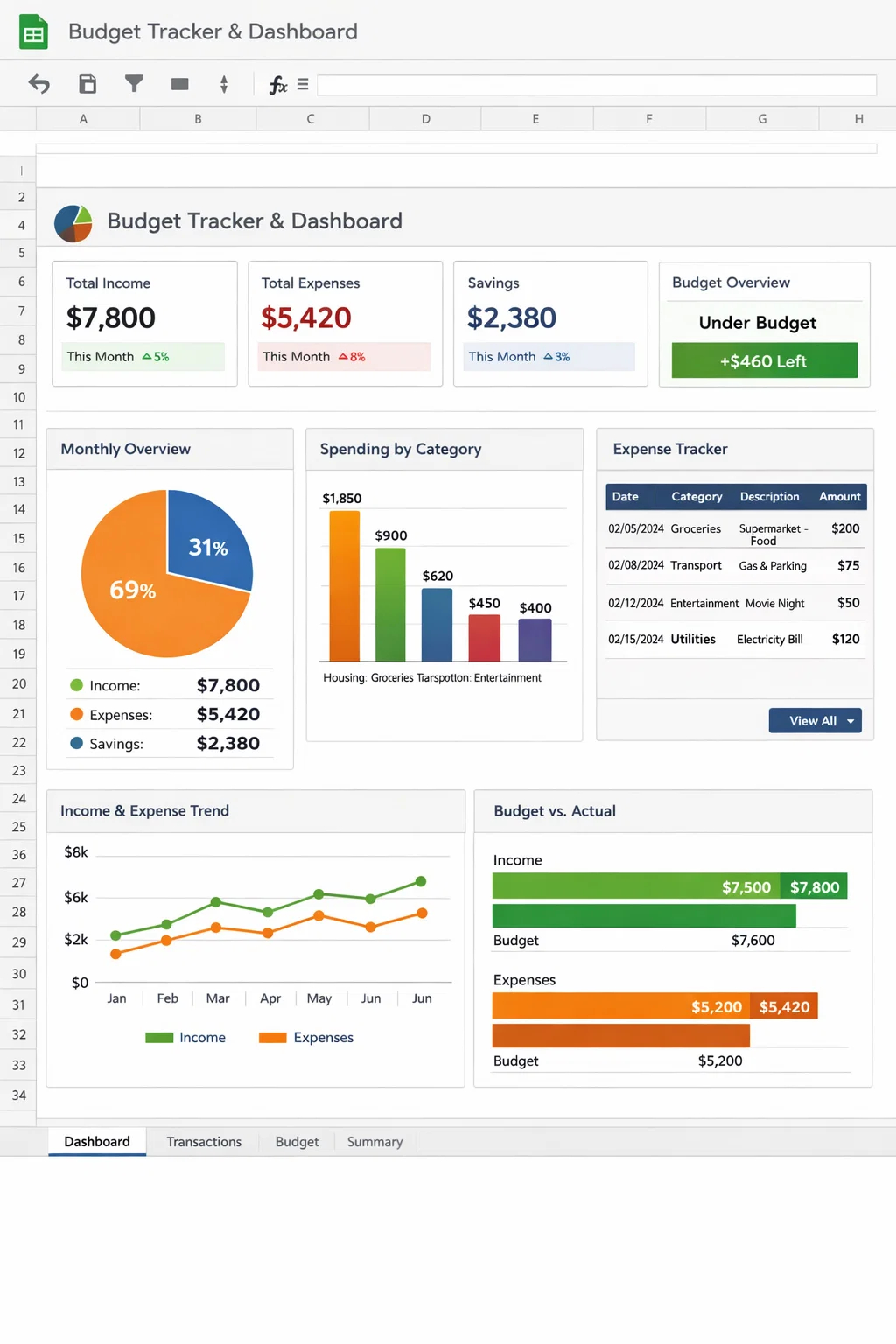 Analyze your spending by category with clean charts. Compare budget vs. actual costs instantly. Includes a built-in transaction tracker for total financial clarity.
