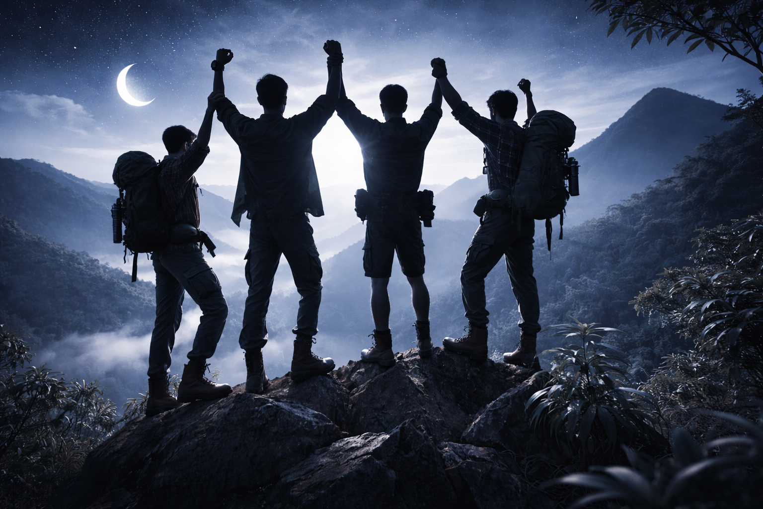 Triumphant hiking men at twilight peak